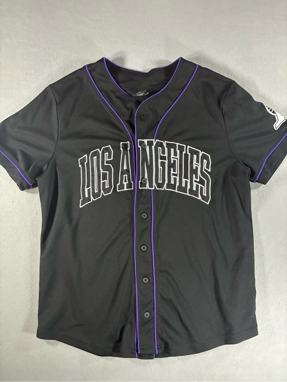 UNK Los Angeles black & purple jersey mesh button up baseball jersey. Men's LG